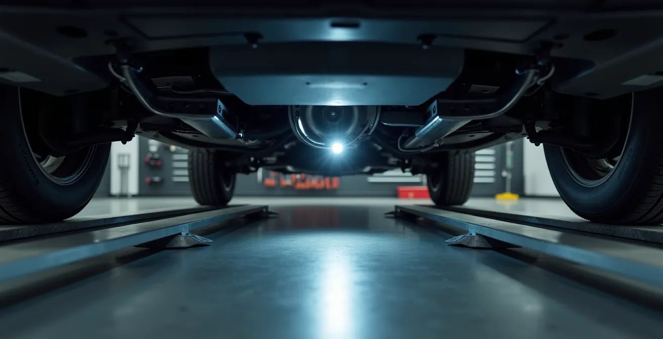 Nahaufnahme einer Wagenheberaufnahme mit Taschenlampenbeleuchtung zur Rostinspektion