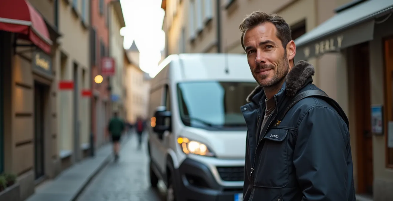 Enge Altstadtgasse mit Grössenbeschränkungsschild und kompaktem Lieferwagen